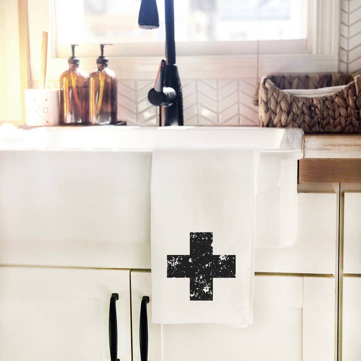 Perfect Day Print Co - Wholesale Tea Towel - Distressed Swiss Cross Tea Towel, Black & White Dish Cloth2