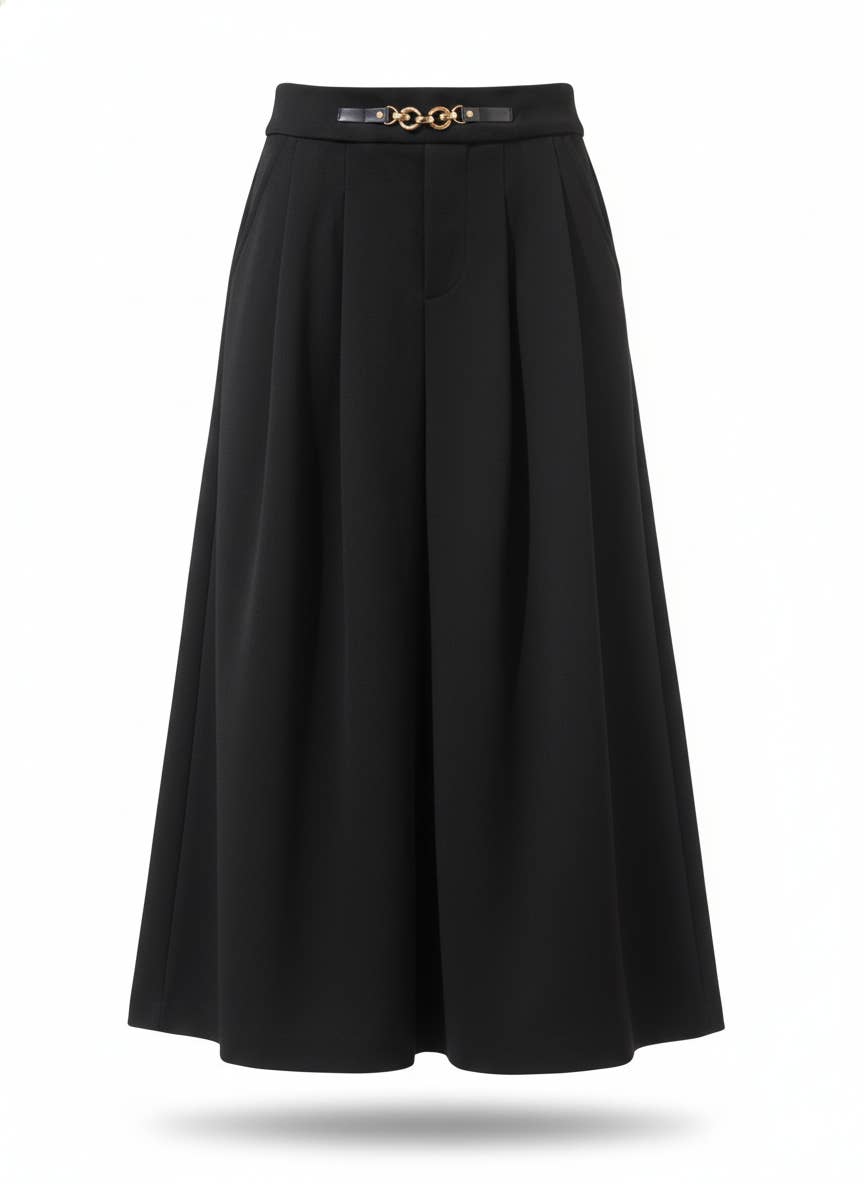Negro Falda línea A de lana con pliegues midi de venta al por mayor en Faire