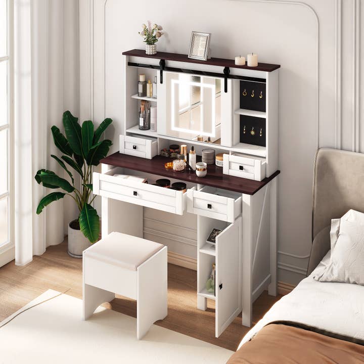 White Walnut Farmhouse Makeup Vanity with Mirror and Lights, 41.73" Wide Vanity Desk, Vanity Table with 4 Drawers and 1 Cabinet, 3 Color Modes, Dressing Table for Bedroom for wholesale on Faire