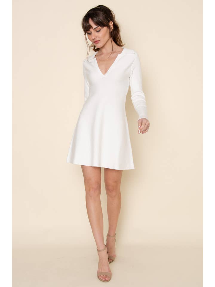 Fore Collection - Wholesale Dress - Women's - MINIMALIST V NECK LONG SLEEVE KNIT MINI DRESS-DI10363FO13