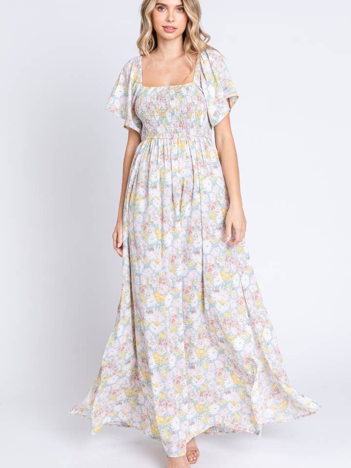 Floral Printed Long Dress-LT Blue for wholesale by ZiA Apparel