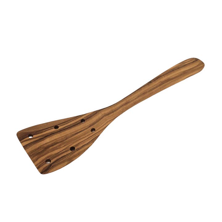 Vinklet spatel med huller, længde 30 cm, lavet af oliventræ for engroshandel hos medina mood
