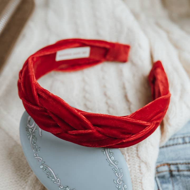 Valentine's Day Red Silk Velvet Braided Headband for wholesale by Maddie and Me Handmade
