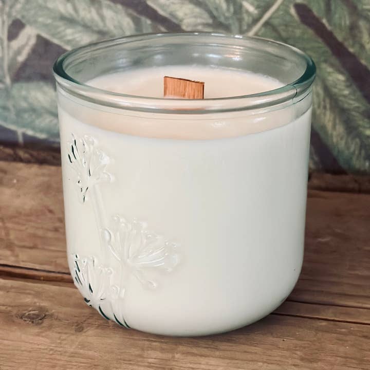 10oz Wood Wick Candle in 100% Recycled Flower Glass Jar for wholesale by Windsor Candle Works