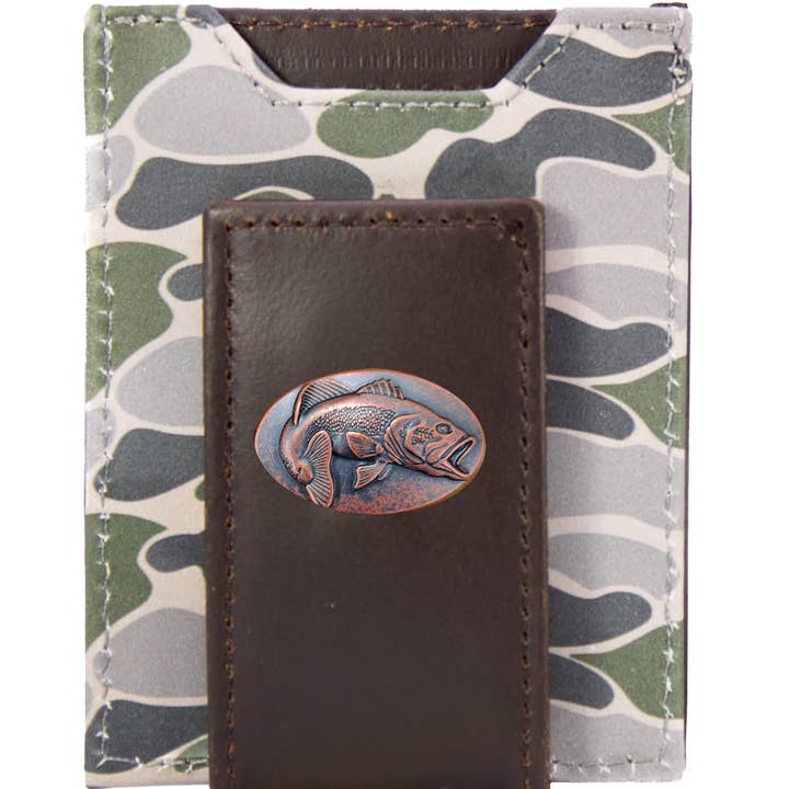 Bass Men's Magnetic Front Pocket Old School Camo Leather Wallet. for wholesale by Zep-Pro