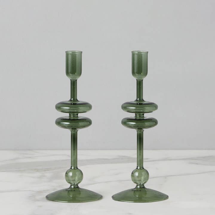 etúHOME - Wholesale Candle Holder - Emerald Green Glass Taper Candlestick Holder Pair, Small