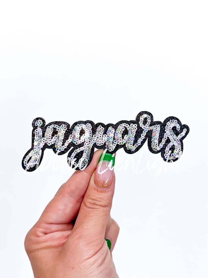 Jaguars Cursive Sequins Iron On Patch-Silver for wholesale by ABLNco