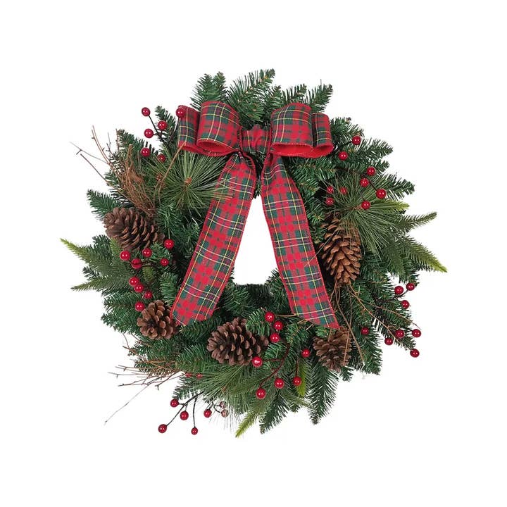 24" Green Wreath W/Bow/Holly Berry+Cones for wholesale by Kurt S. Adler, Inc.
