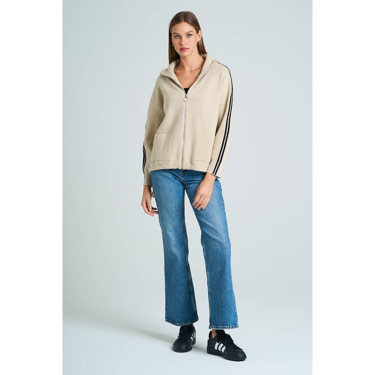 The GREii - Vente Pull en maille – femme - Pull en tricot à manches rayées et fermeture éclair5