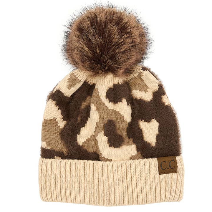 Fashion City - Wholesale Beanie - Women's - Abstract Camo Print Beanie with Pom-Pom