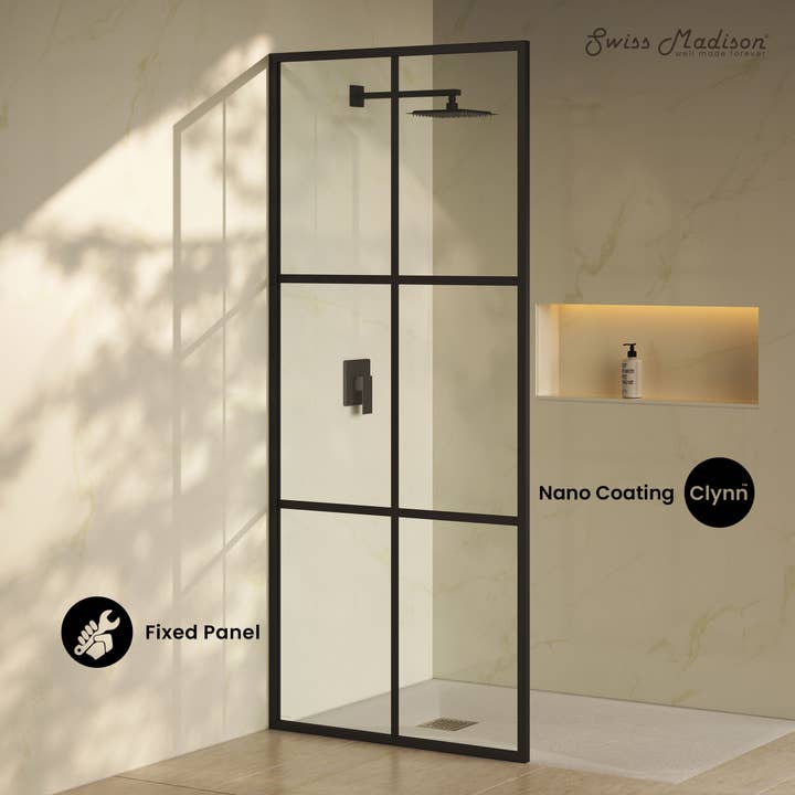 Virage Framed Fixed Shower Door Matte Black Clear Glass for wholesale by Swiss Madison