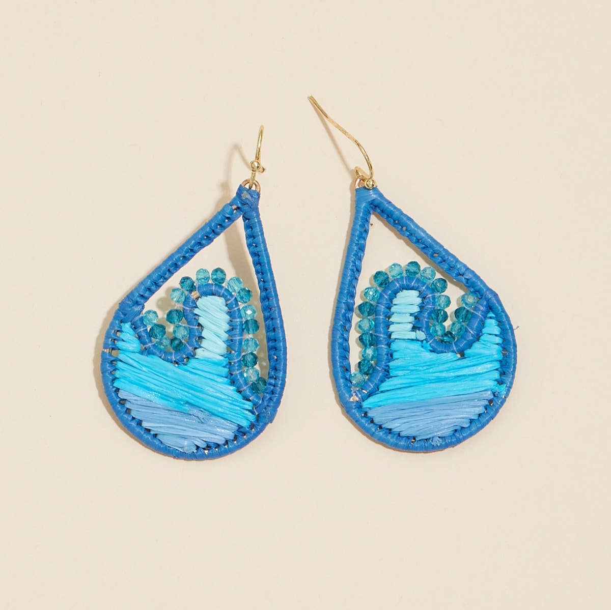 Blue Sea Waves Raffia Tear Drop Earrings for wholesale on Faire