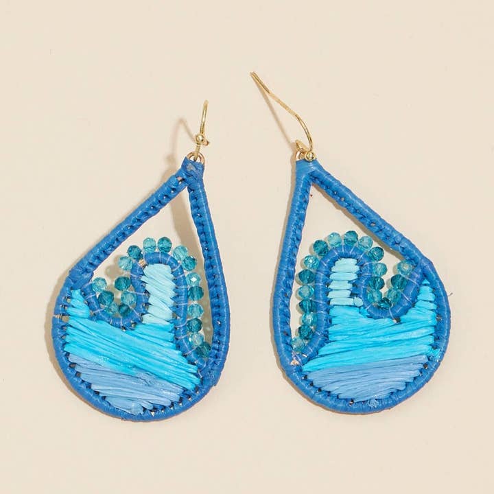 Blue Sea Waves Raffia Tear Drop Earrings for wholesale on Faire0