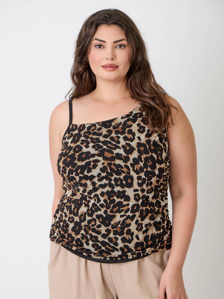 Plus Size Leopard Print Asymmetrical Cami Top JK19035-T for wholesale by Haute Fox Plus Size & Contemporary