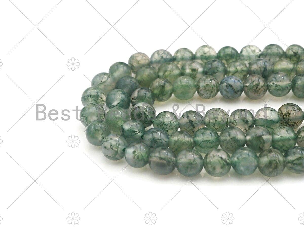 BestBeads&Beyond - Wholesale Beads - Top Quality Round Smooth Moss Agate, 6mm/8mm/10mm/12mm Green Moss Agate Beads,15.5'' Full Strand, UA1852