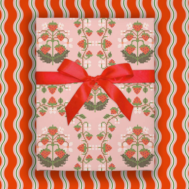Strawberry Cross-Stitch | Flat Gift Wrap | Double-Sided for wholesale by O.O.M.F. Creative