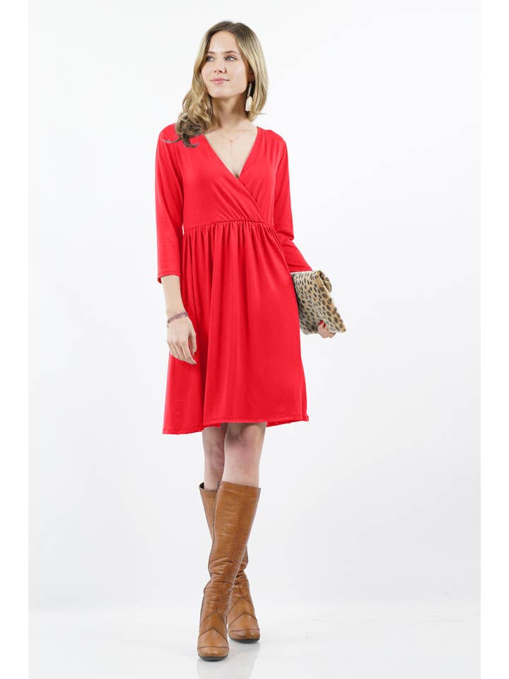 42POPS - Wholesale Tunic - Women's - .SI-15612 3/4 SLEEVE Empire Surplice Shirred TWO-POCKET TUNIC