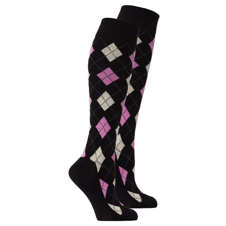 Socks n Socks - Wholesale Socks - Women's - Women's Natural Black Argyle Knee High Socks