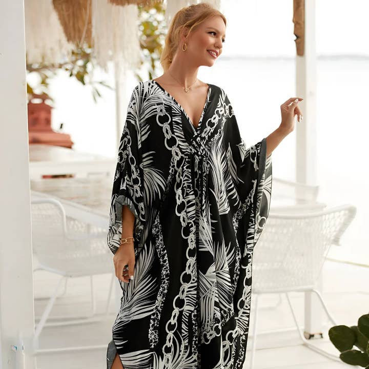 Miss Lavish London - Wholesale Kaftan - Women's - Kaftan Summer Dresses, Braided V-Neck - Black Palm, S-3XL