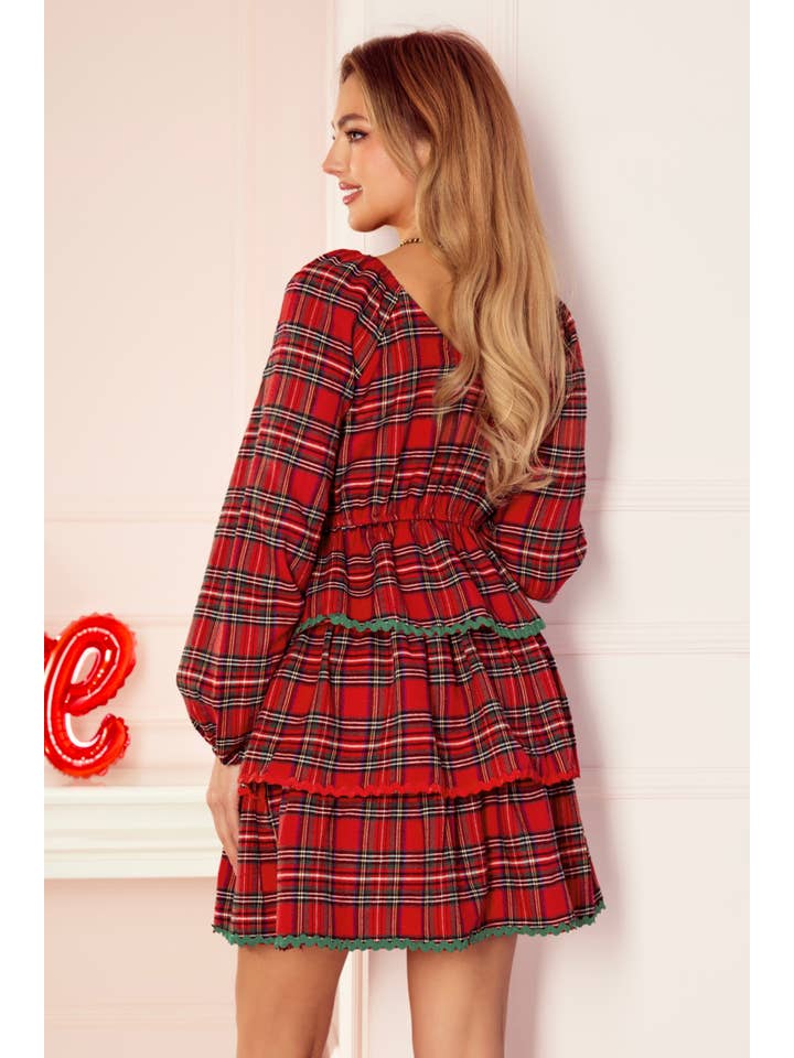 Red Polished Plaid Tiered Mini Dress for wholesale on Faire5