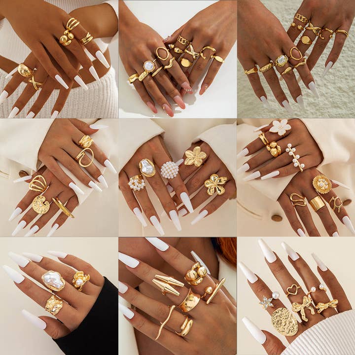 Set met onregelmatige parelringen, trendy gouden retro geometrische statementringen voor wholesale door DREAM VERA APPAREL