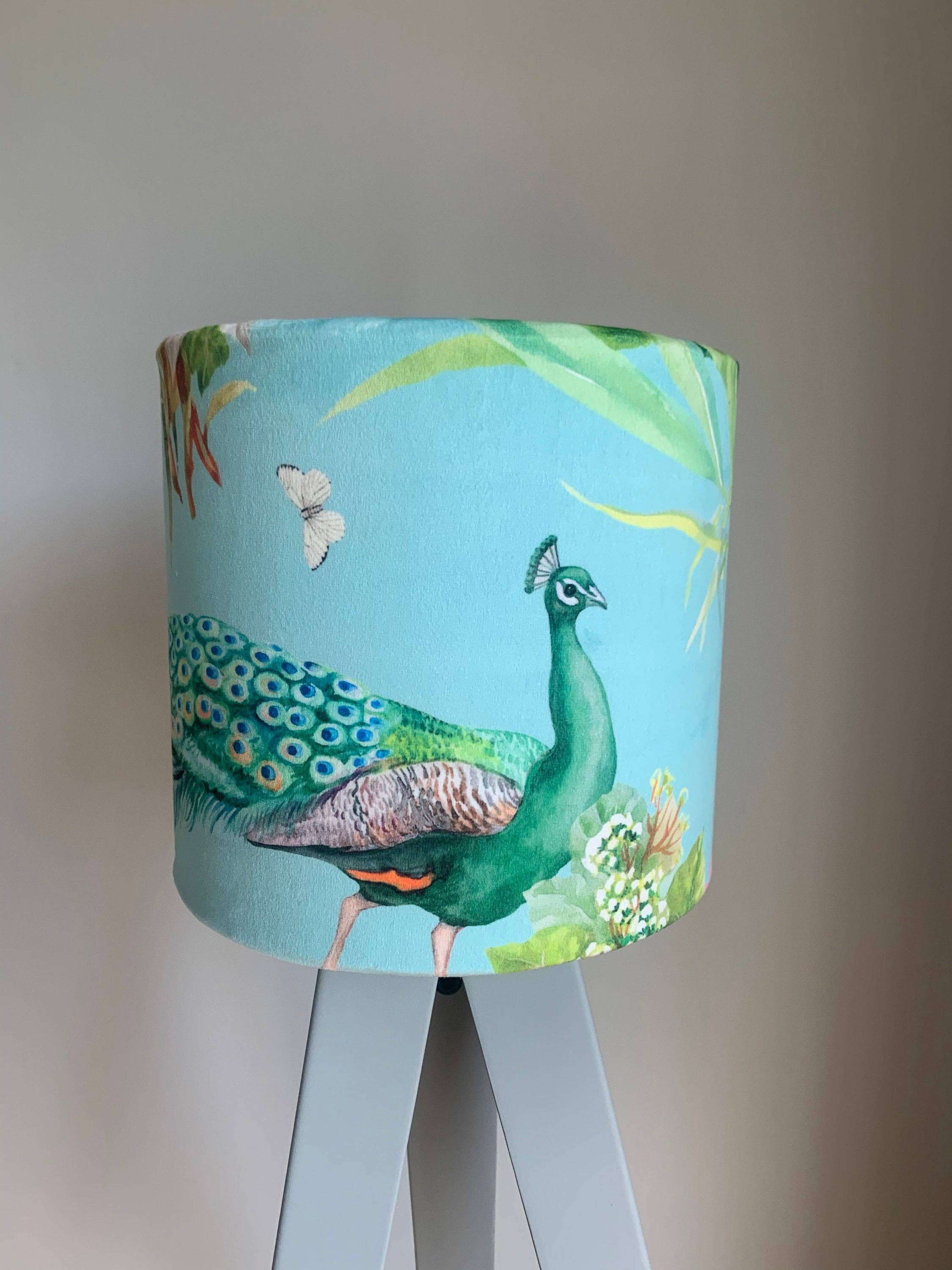 The Lampshade Jungle – wholesale Lampshade – Velvet Aqua Peacock Drum Lampshade0