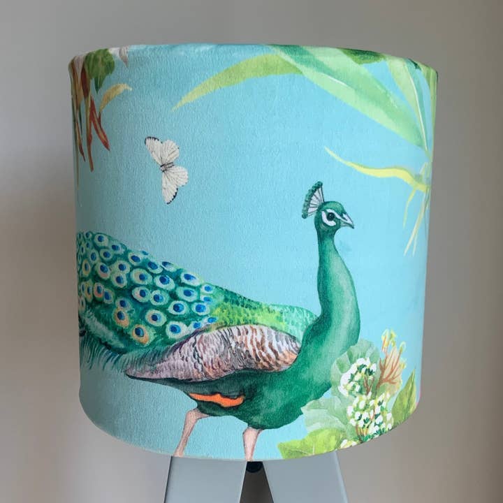 The Lampshade Jungle - Wholesale Lamp Shade - Velvet Aqua Peacock Drum Lampshade0