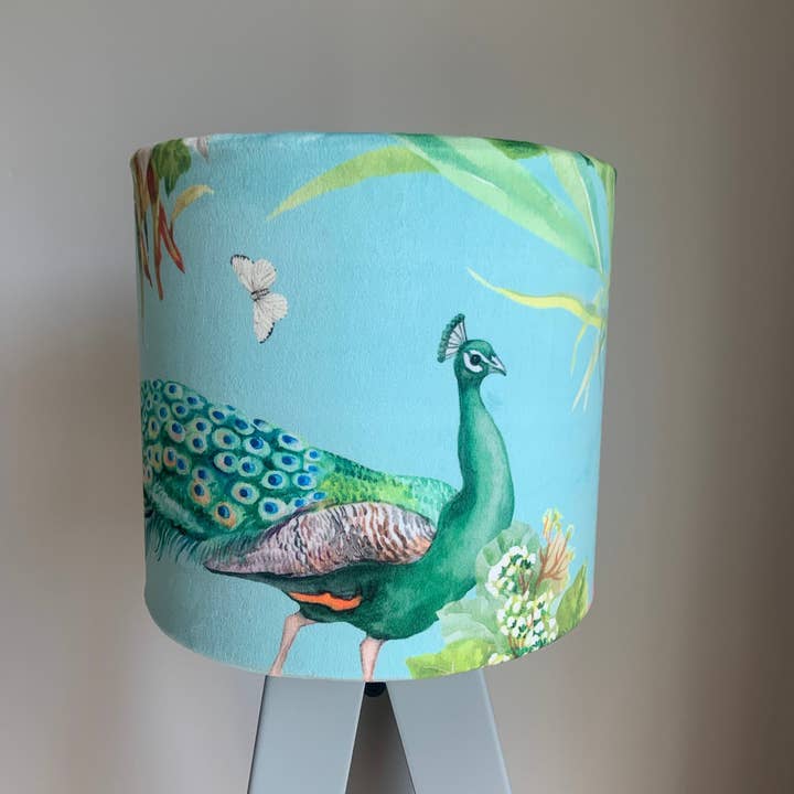 The Lampshade Jungle - Wholesale Lamp Shade - Velvet Aqua Peacock Drum Lampshade