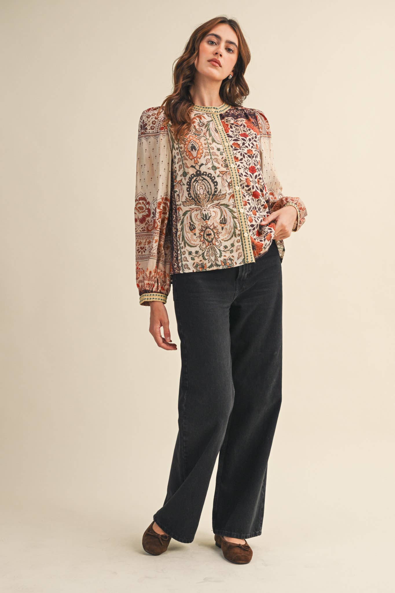 &MERCI - Wholesale Button Down Shirt - Women's - PATCHWORK PRINT CROCHET TRIM BUTTON DOWN TOP MTP438210