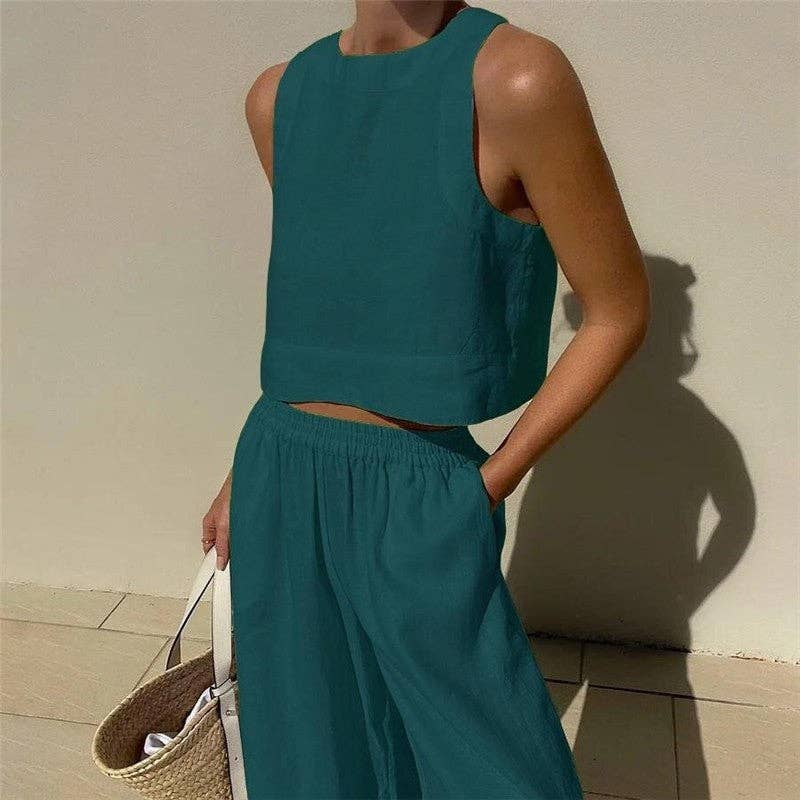 Sheer Trend - Wholesale Top & Pant Set (NOT Loungewear) - Women's - Solid Color Sleeveless Tank Top And Pants Set5