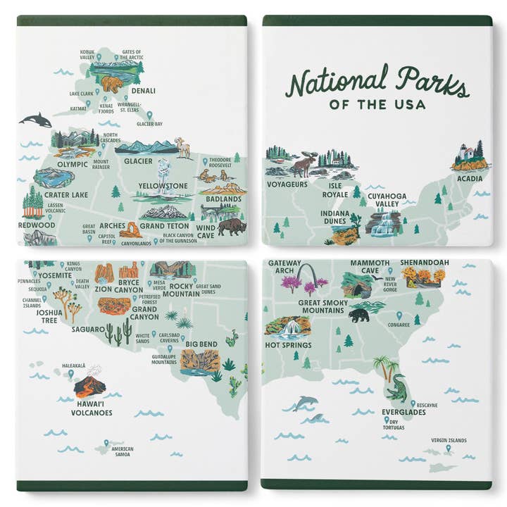 National Parks of the USA Illustrated Map Coasters (Set of 4) for wholesale by McGovern Outdoor