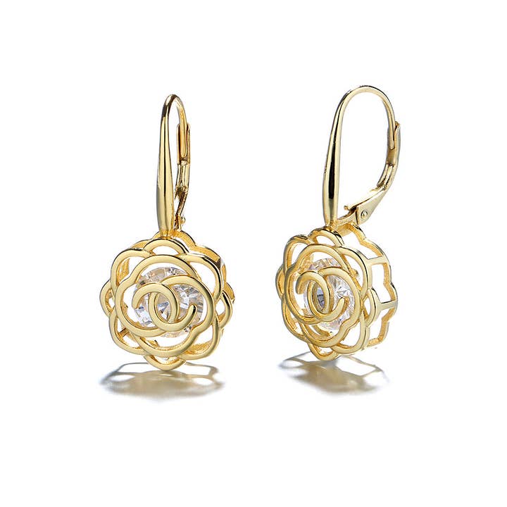 Amy and Annette - Wholesale Dangle Earrings - 14K Gold Caged with crystals Rose Lever Back Earrings8