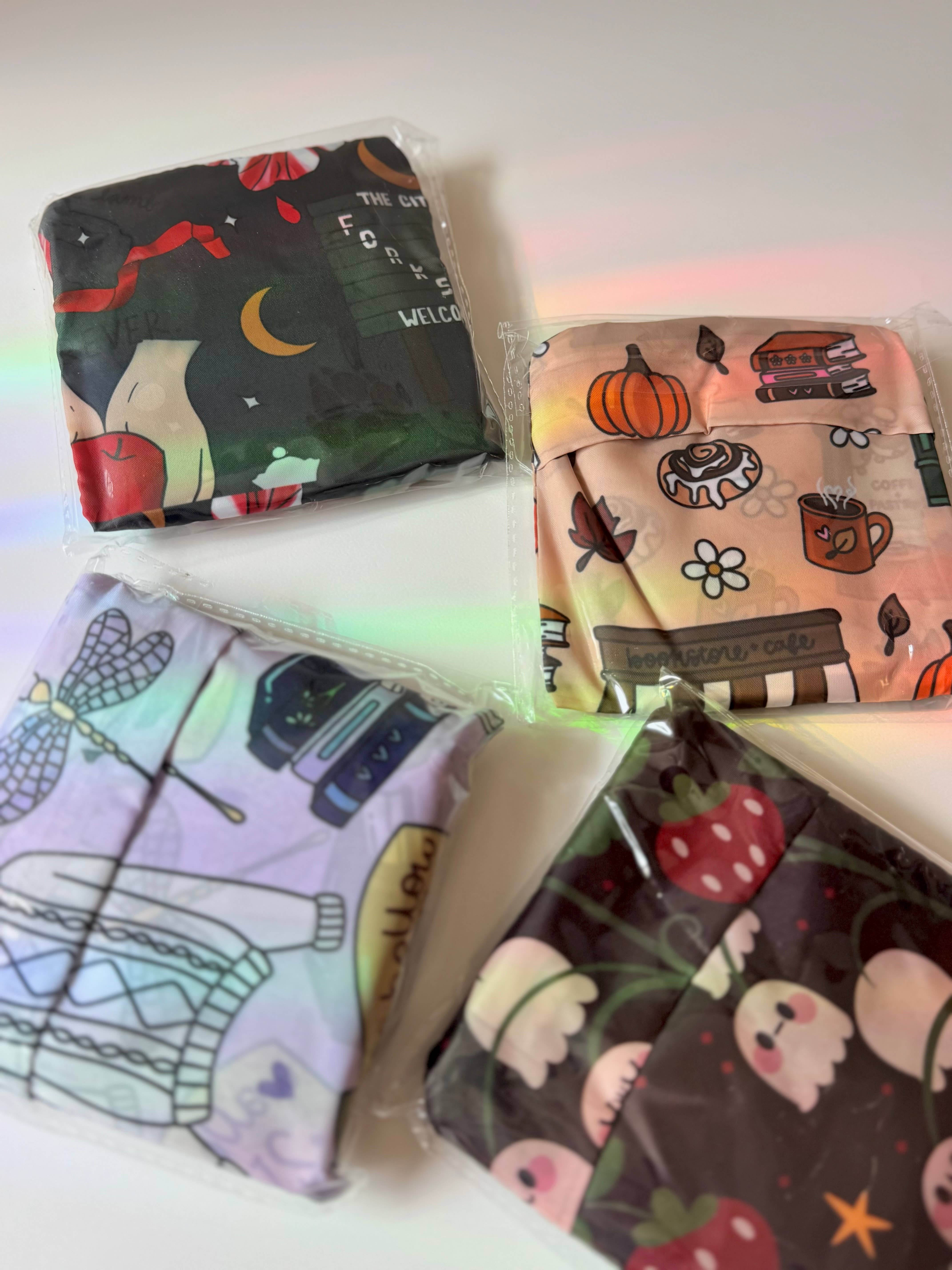 CrescentCatCo - Wholesale Book Cover - Cozy Autumn Bookish Reusable Shopping Bag, Fold Up Pouch 5