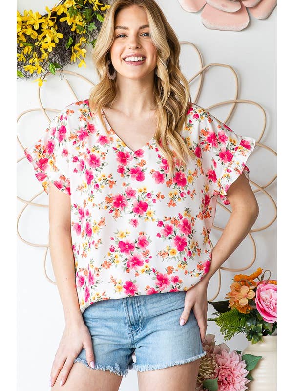 HEIMISH - Wholesale Blouse - Women's - ET7311-11 SLEEVE WITH RUFFLED V NECK FLORAL PRINT TOP