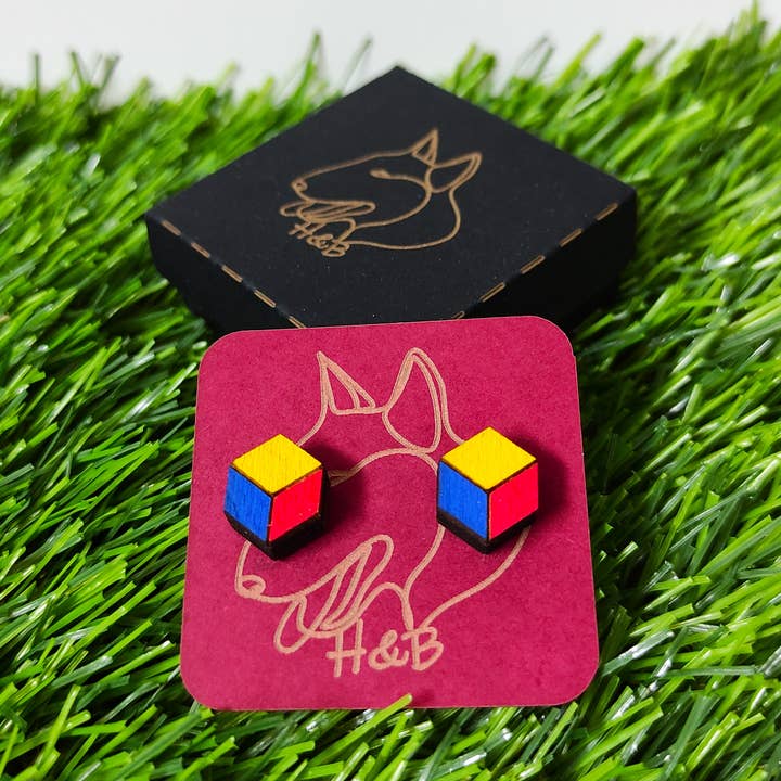 Wooden Colorful Magic Cube Earrings, Nerd Rubik's Cube Gift for wholesale by Herbs&Belles