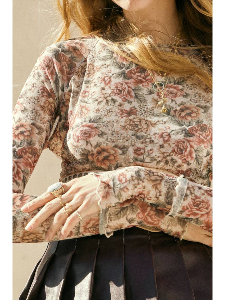 Promesa USA - Wholesale Knit Top - Women's - Floral-Print Mesh Thumbhole Mock-Neck Top1