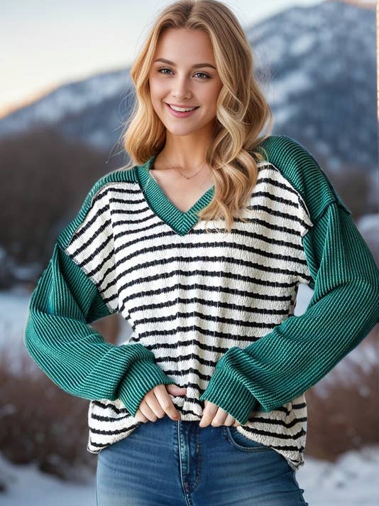 HEIMISH - Wholesale Blouse - Women's - ET7710-10 STRIPE AND SOLID URBAN RIBBED CONTRAST TOP