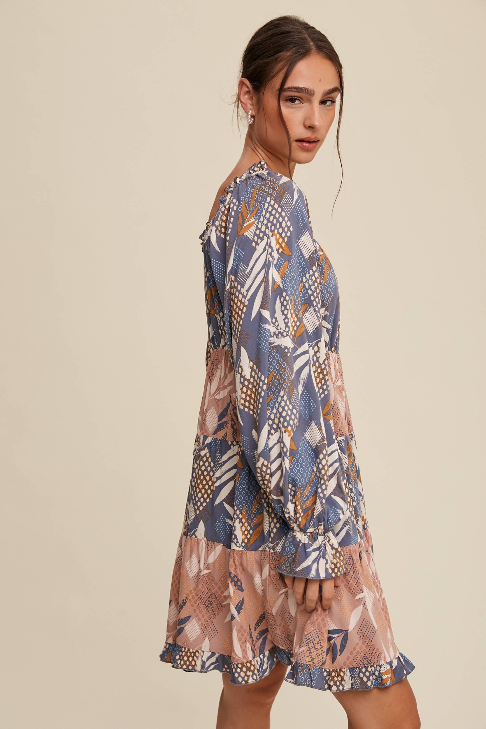 Listicle - Wholesale Dress - Women's - Patchwork Puff-Sleeve Tiered Mini Dress21