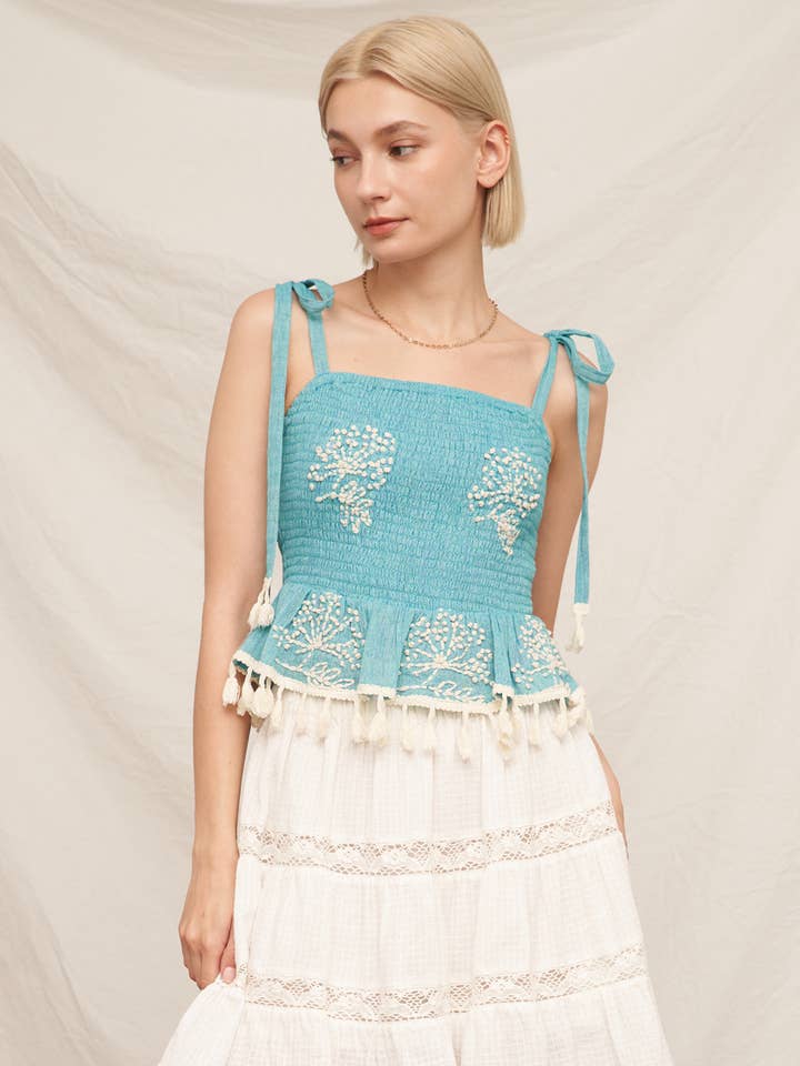 Adjustable Shoulder Tie Smocked Top for wholesale by En Crème