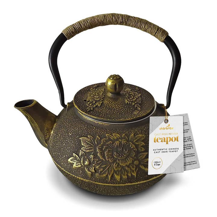 Gold & Black Tetsubin style Cast Iron Teapot/kettle 1200ml for wholesale by Charbrew Tea & Coffee