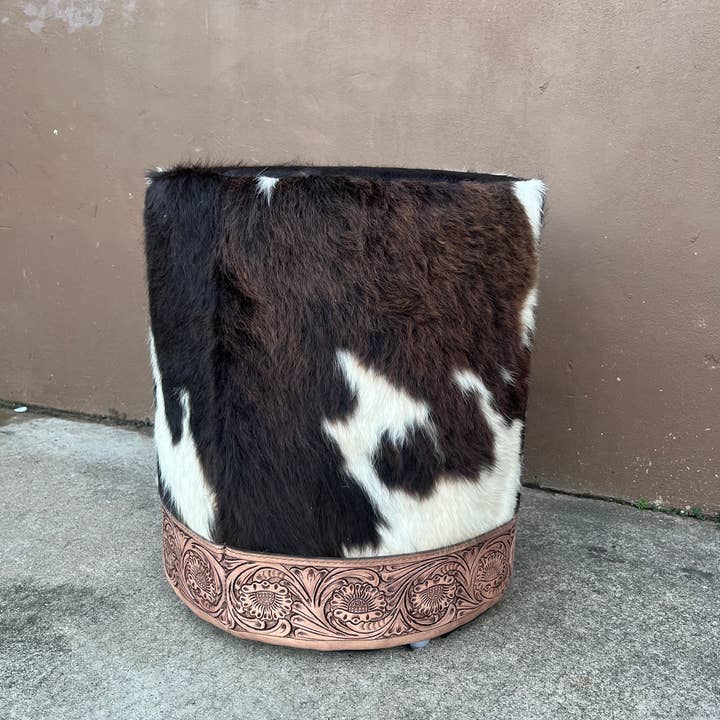 Western Linens - Wholesale Ottoman - Cowhide & Tooled Leather Ottoman