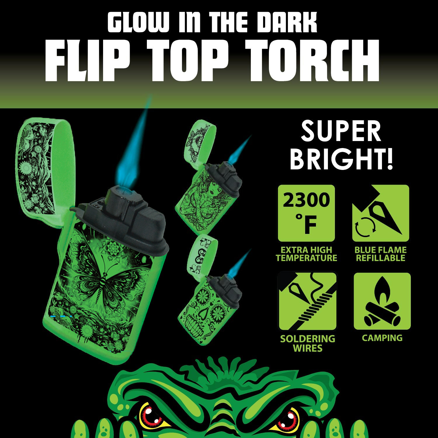 Novelty Closeout - Wholesale Lighter - Glow In The Dark Flip Top Torch Lighter Assortment- 15/Pack1