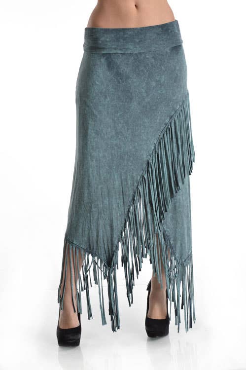 T-Party – wholesale Skirt – Women’s – Mineral Wash High Low Diagonal Fringe Foldover Waist Skirt