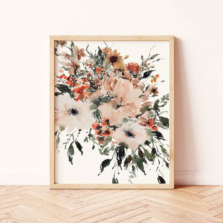 Bohemian Beige and Rust Loose Florals No. 02 Art Print for wholesale by Paperbec Design Co.