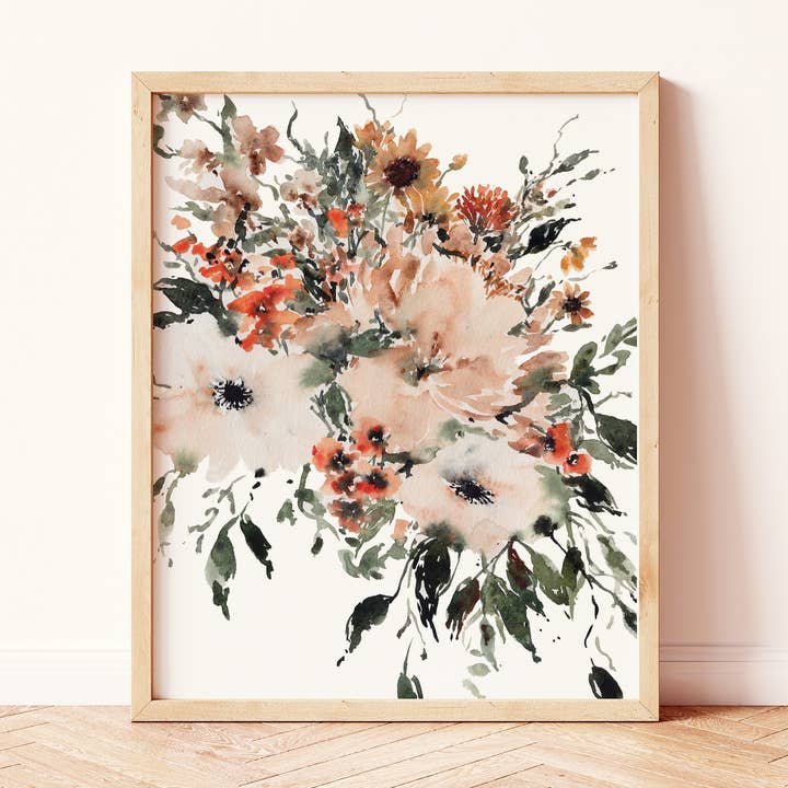 Bohemian Beige and Rust Loose Florals No. 02 Art Print for wholesale by Paperbec Design Co.