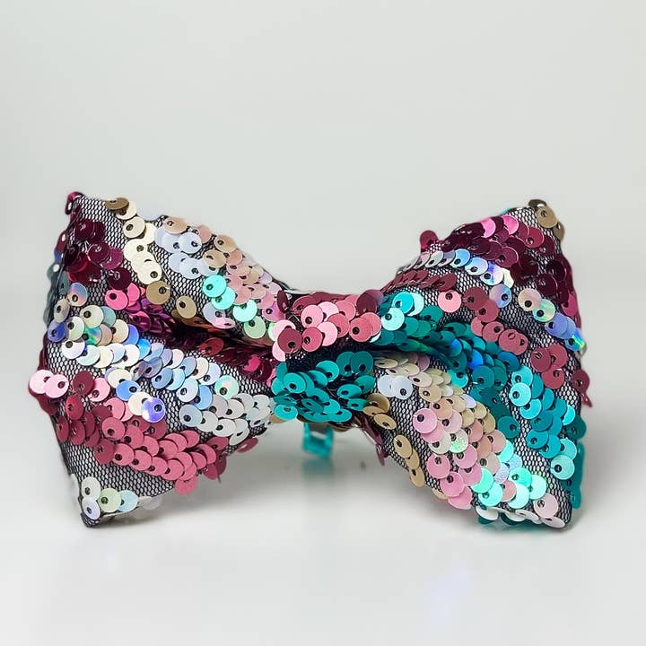 Nœud papillon pour chien en sequins à rayures étincelantes bleu sarcelle et rose pour la vente par doggish