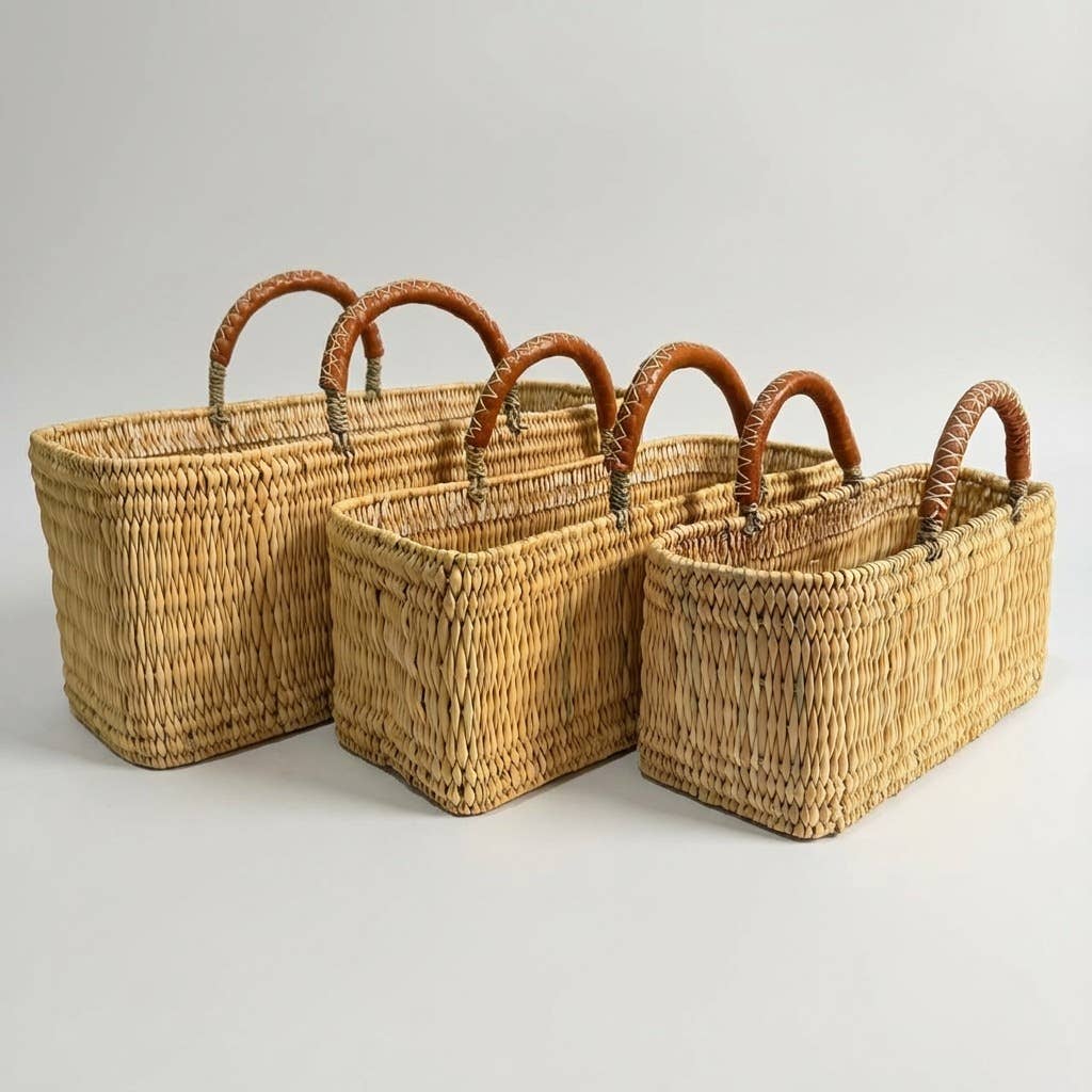 Brown Rectangular Reed Storage Basket Leather Handle Market Tote for wholesale on Faire0