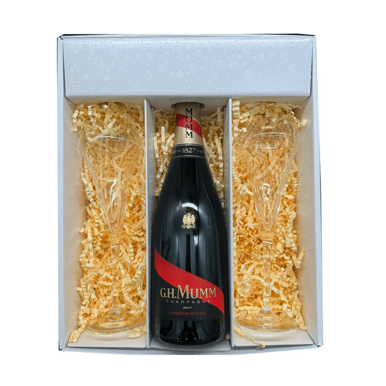 Wine And More - Venta al por mayor Champán/vino espumoso - Caja de champán Mumm, 1 Brut y 2 copas0