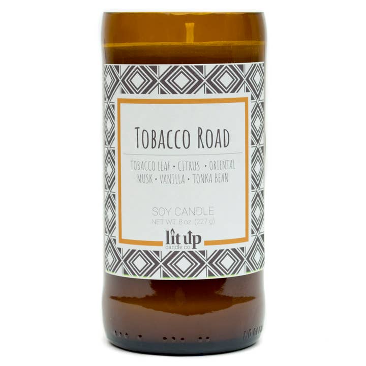 Lit Up Candle Co. – wholesale Jar/filled candle – Tobacco Road 8 oz. soy candles in upcycled beer bottles
