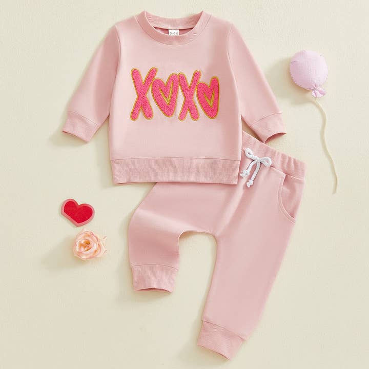 Valentine's xoxo Chenille embroidered sweatshirt pant 2pcs set for wholesale by Little Trendy